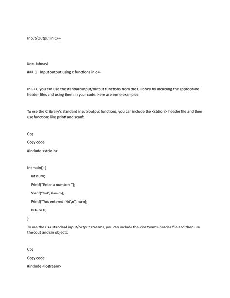 Unit 4 c++ - DD byee - Input/Output in C++ Kota Jahnavi 1 Input output ...
