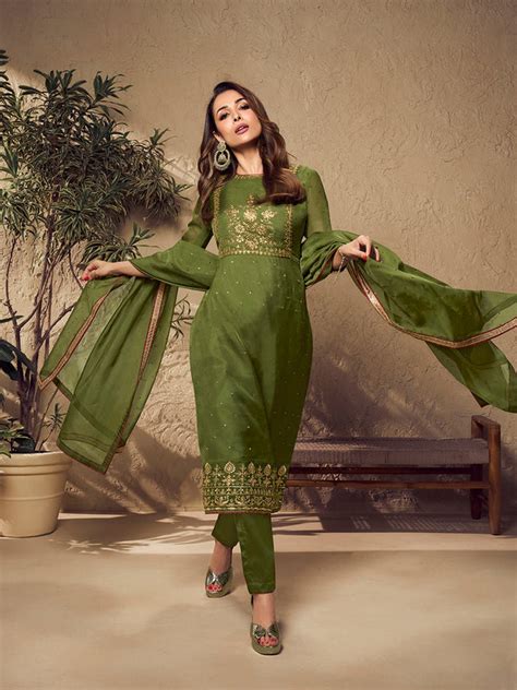 Malaika Arora Mehndi Green Zari and Mukaish Embroidered Yoke Design St ...