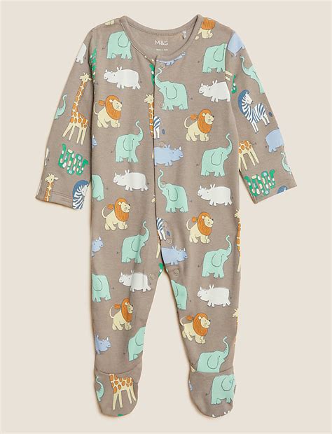 Buy 3pk Pure Cotton Safari Sleepsuits at Marks & Spencer