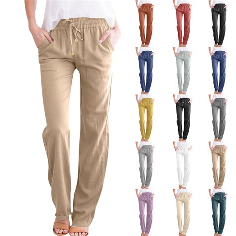 HKYNLAG Womens Casual Linen Pants High Waist Drawstring Loose Fit ...