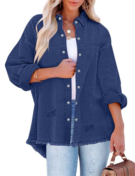 luvamia Jean Jacket for Women Distressed Frayed Denim Jacket Ladies ...