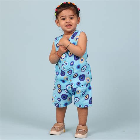 Blue Evil Eye Muslin Jhabla Top with Shorts – Mama and Peaches