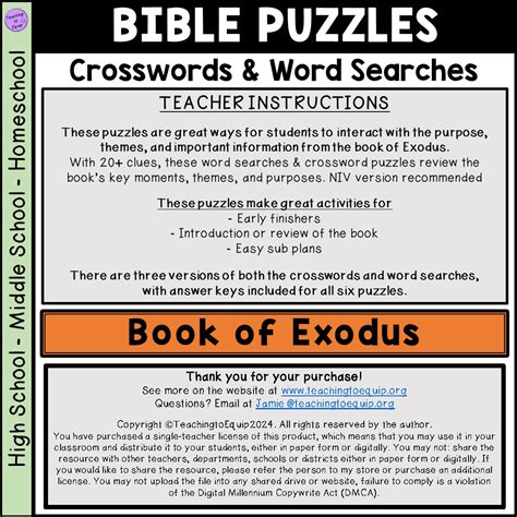 Bible Book of Exodus Crossword & Word Search Puzzle Activities | Made ...