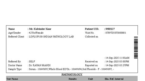 Pathology Lab Report for Mr. Kulvinder Kaur: Patient UID 9503117 - Studocu