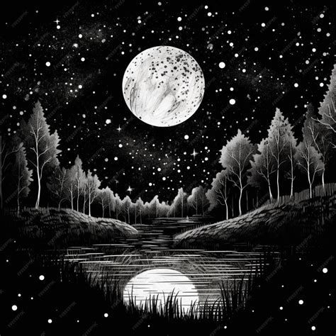 Premium Photo | A black and white drawing of a full moon over a lake ...