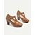Women's Classic Brown Leather T-Strap Pumps with Chunky Heel, Vintage ...