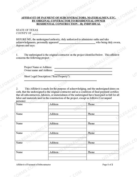 Brownsville Texas Affidavit of Payment of Subcontractors, etc. by ...