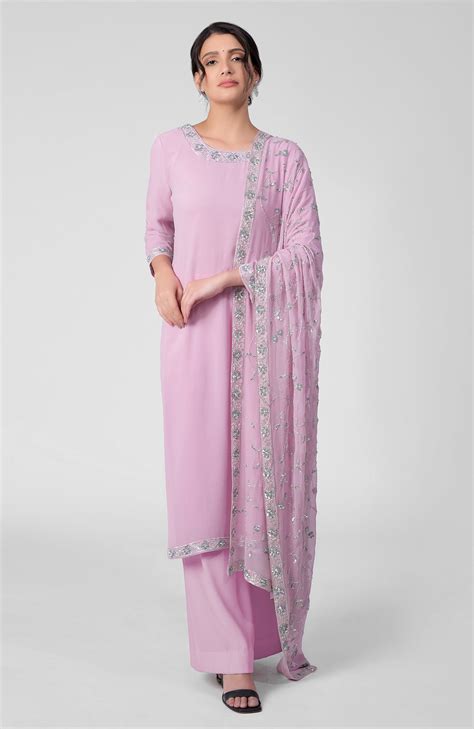 Lilac Breeze-Silver Beads & Sequin Zardozi Hand Embroidered Kurta Set ...