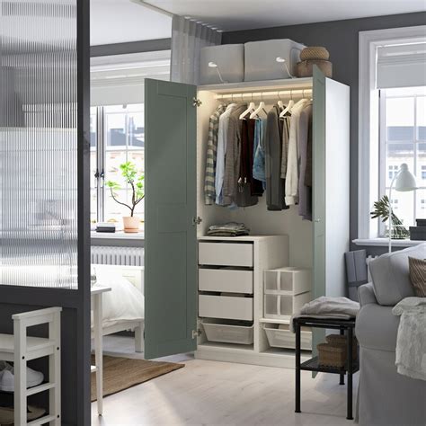 PAX / GRIMO wardrobe combination, white/grey-green, 100x60x201 cm (393 ...