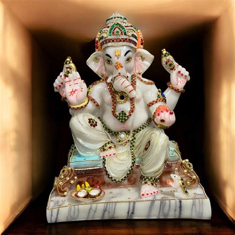 White Marble Look Ganesha with Mushak ,Chauki Ganesha Statue – cutncurve