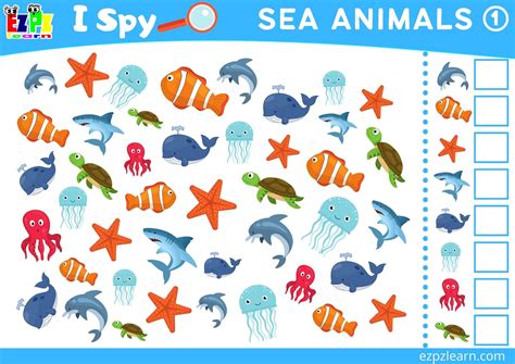 Sea Animals 1 Topic I Spy Game for kids Free PDF Download - Ezpzlearn.com