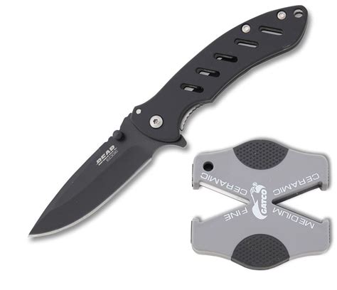 Bear Edge Black Grey Flipper Knife & Sharpener Kit | Red Hill Cutlery