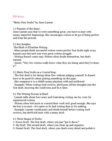 R1A Notes: Shitty First Drafts & The Yellow Wallpaper Analysis - Studocu