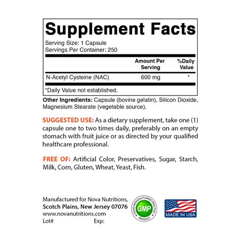 Buy Nova Nutritions NAC - Acetyl Cysteine 600mg, 250 Capsules Online at ...