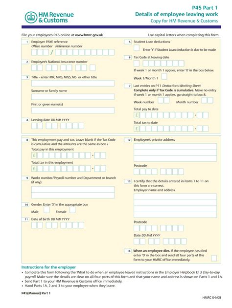 2008 UK HMRC Form P45 - Blank Fillable Template | Fill Out, Print ...