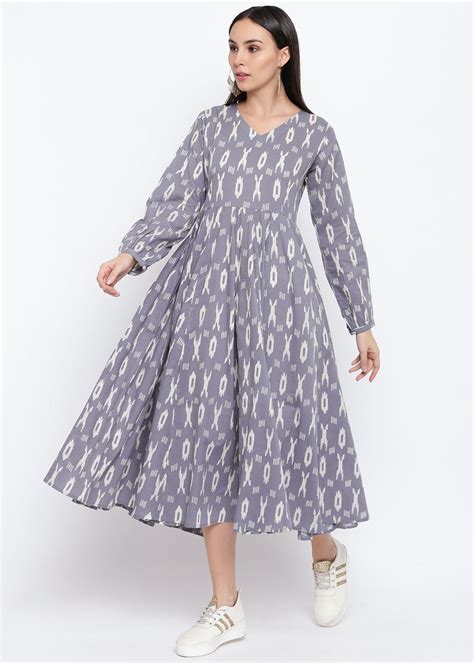 Get Cuffed Sleeve Detail Grey Ikat Gathered A-Line Dress at ₹ 1849 ...