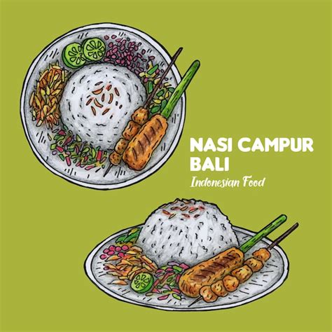 Nasi Campur Bali Indonesian Food Illustration | Premiumベクトル素材
