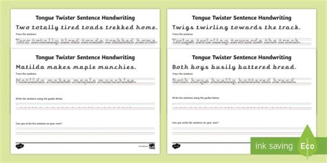 Handwriting Worksheet Set of Four |Tongue Twister Sentences