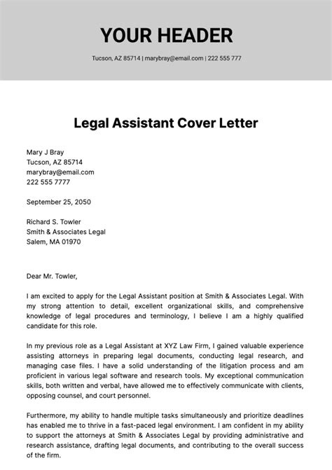 Legal Assistant Cover Letter Template - Edit Online & Download Example | Template.net