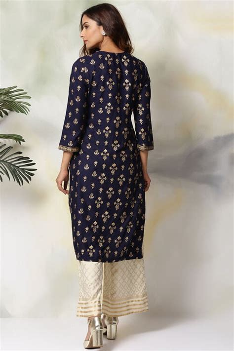 Navy Blue Rayon Straight Kurta Pants Set at Biba India