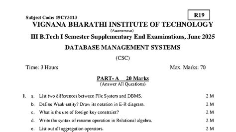 R19 DBMS SET 2 CSC - Important Mid Exam Questions for DBMS - Studocu