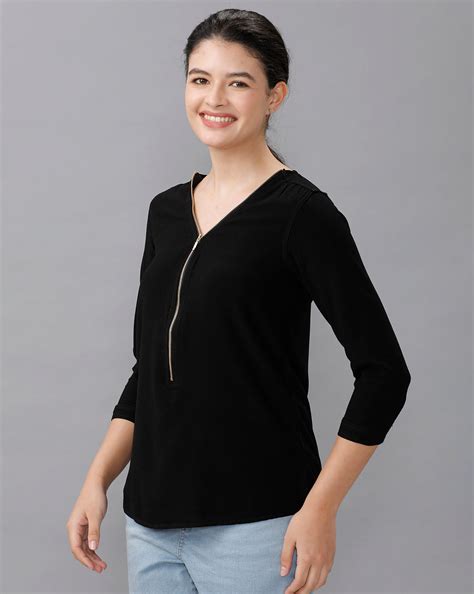 Identiti Women Solid Indo Western top with zipper detailing - Black