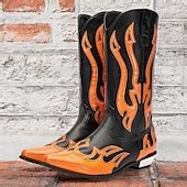 Men's Black and Orange Mid-Calf Western Cowboy Boots - Bold Flame ...