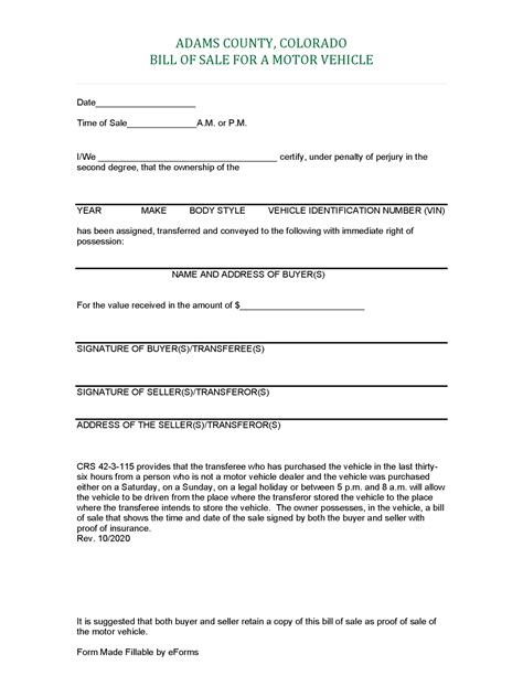 Colorado Motor Vehicle Bill of Sale (Simple One-Page Form) - eForms