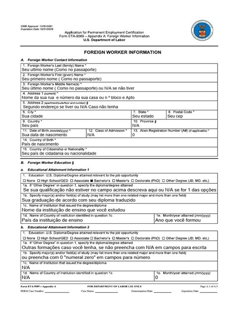 Formulário ETA-9089: Informações Pessoais | PDF