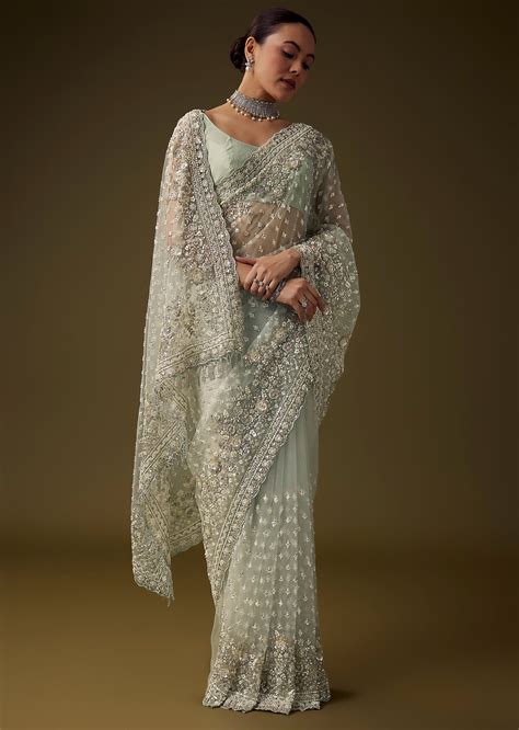 Buy Pista Green Cutdana Work Saree with Unstitched Blouse | KALKI ...