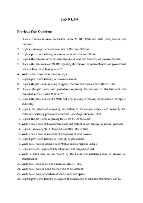LAND LAW Questions and Answers for MLRC 1966 & MRC Act 1999 - Studocu