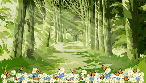 Spring forest tree with sun rays falling into a thick jungle,Vector Cartoon Misty forest ...