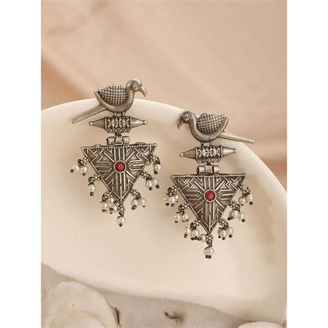 Buy Saraf RS Jewellery Oxidised Silver Plated Red Stone and Pearl Drop ...