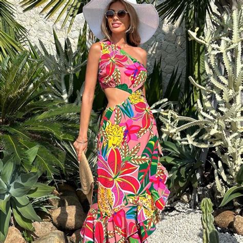 Women Summer Vacation Style Floral Print Waist Cutout One-Shoulder Maxi ...
