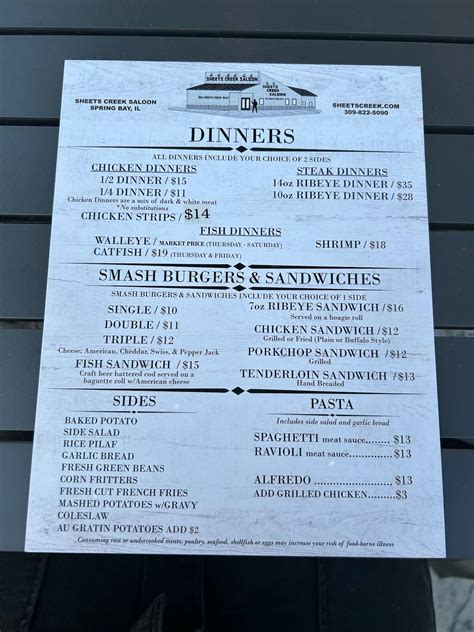 Menu at SHEETS CREEK SALOON pub & bar, Spring Bay