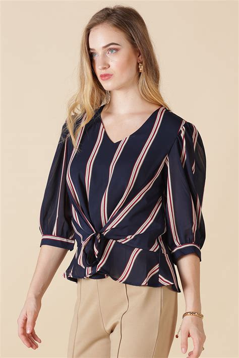 Buy Gipsy Navy Stripe Print Georgette Blouse - Gipsy Online
