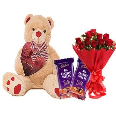 Send Big Teddy with Silk & Bouquet Online in Kerala Same Day Delivery