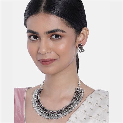 Etnico 18K Silver Oxidised Traditional South Indian Style Coin Necklac ...
