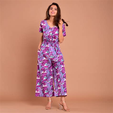 Purple Leaf Waist Tie-Up Jumpsuit – Fashiana