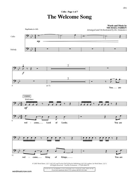 The Welcome Song (Choral Anthem SATB) Cello Sheet Music PDF (Word Music ...