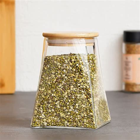 QURAX Pyramid Shaped Glass Storage Jar With airtight Wooden Lid ...