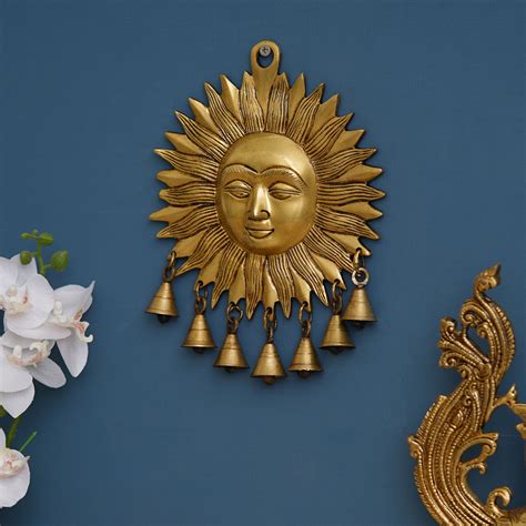 Golden Decorative Handcrafted Sun God Brass Wall Hanging with Bells ...