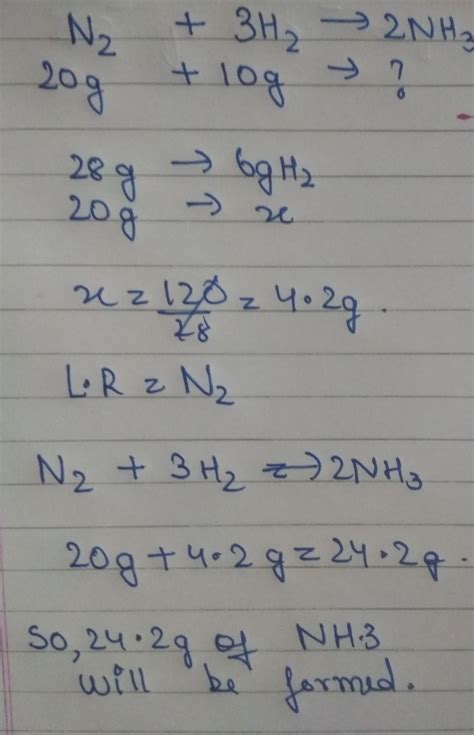 Calculate the mass of ammonia when 20g of nitrogen reacts with 8g of ...