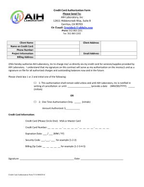 Fillable Online Credit Card Authorization Form Please Send To: AIH ...