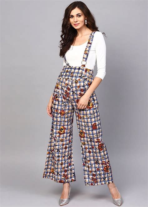 Get Checkered Floral Printed Dungaree at ₹ 909 | LBB Shop
