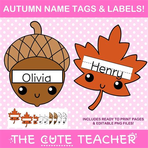 Autumn Theme Name Tags - Acorn & Fall Leaves Printable Bulletin Board ...