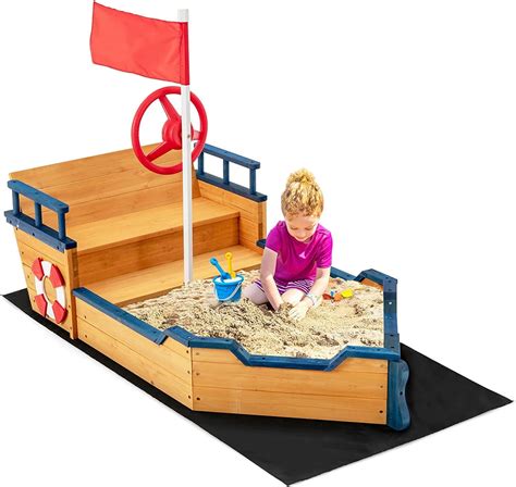 Amazon.com: HONEY JOY Pirate Ship Kids Sandbox, Wooden Sand Box w/Storage Bench, Seat, Ground ...