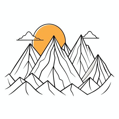 One continuous line drawing of mountain range landscape with color sun ...