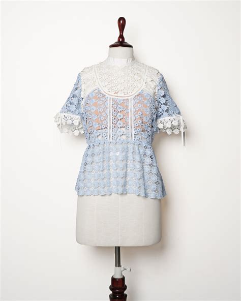 Self Portrait Light Blue Floral Guipure Peplum Top