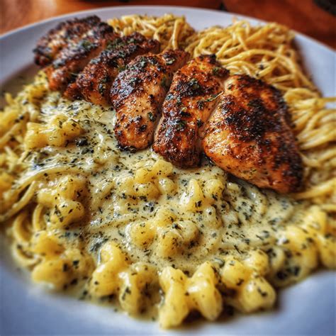 Garlic Butter Chicken with Creamy Three-Cheese Spaghetti